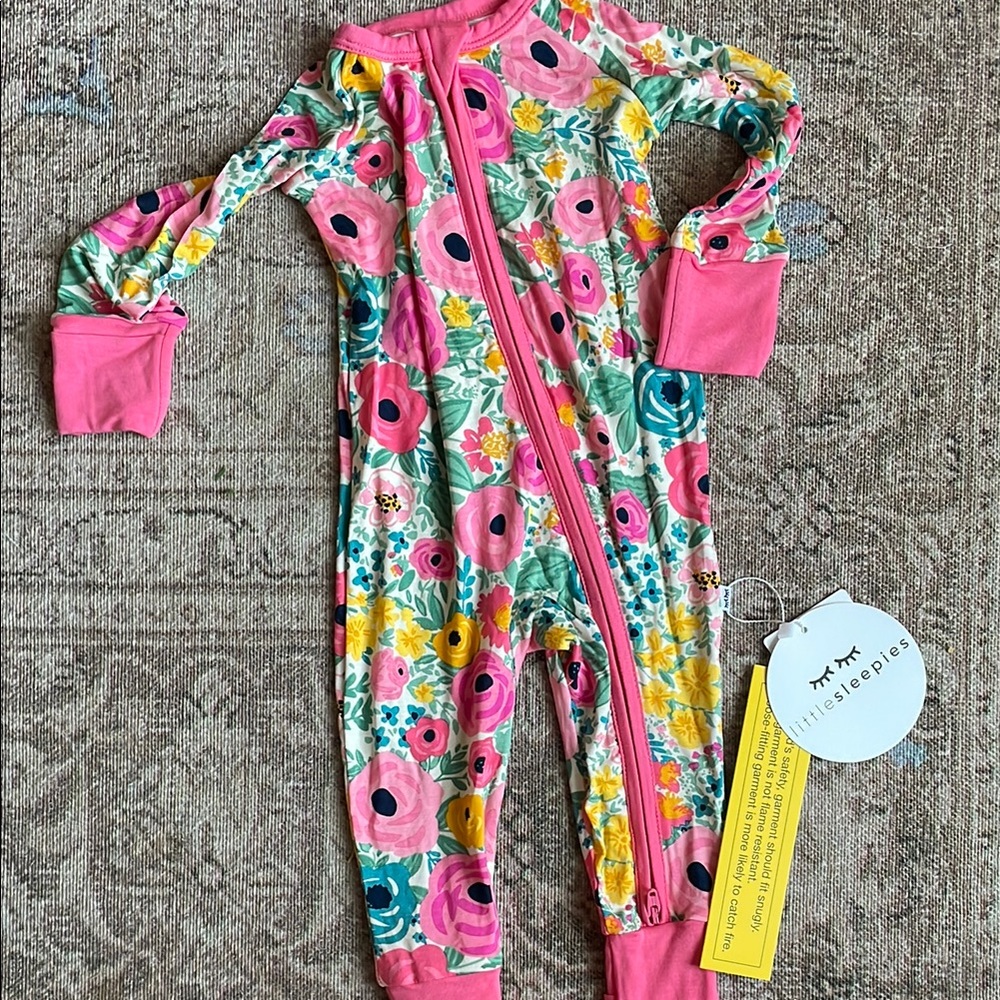 Little Sleepies Pink and Green Footies with Floral Pattern